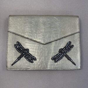 Gucci Gold Laminated Lizard Clutch w/ Crystal Dragonfly Embellishments-Preloved
